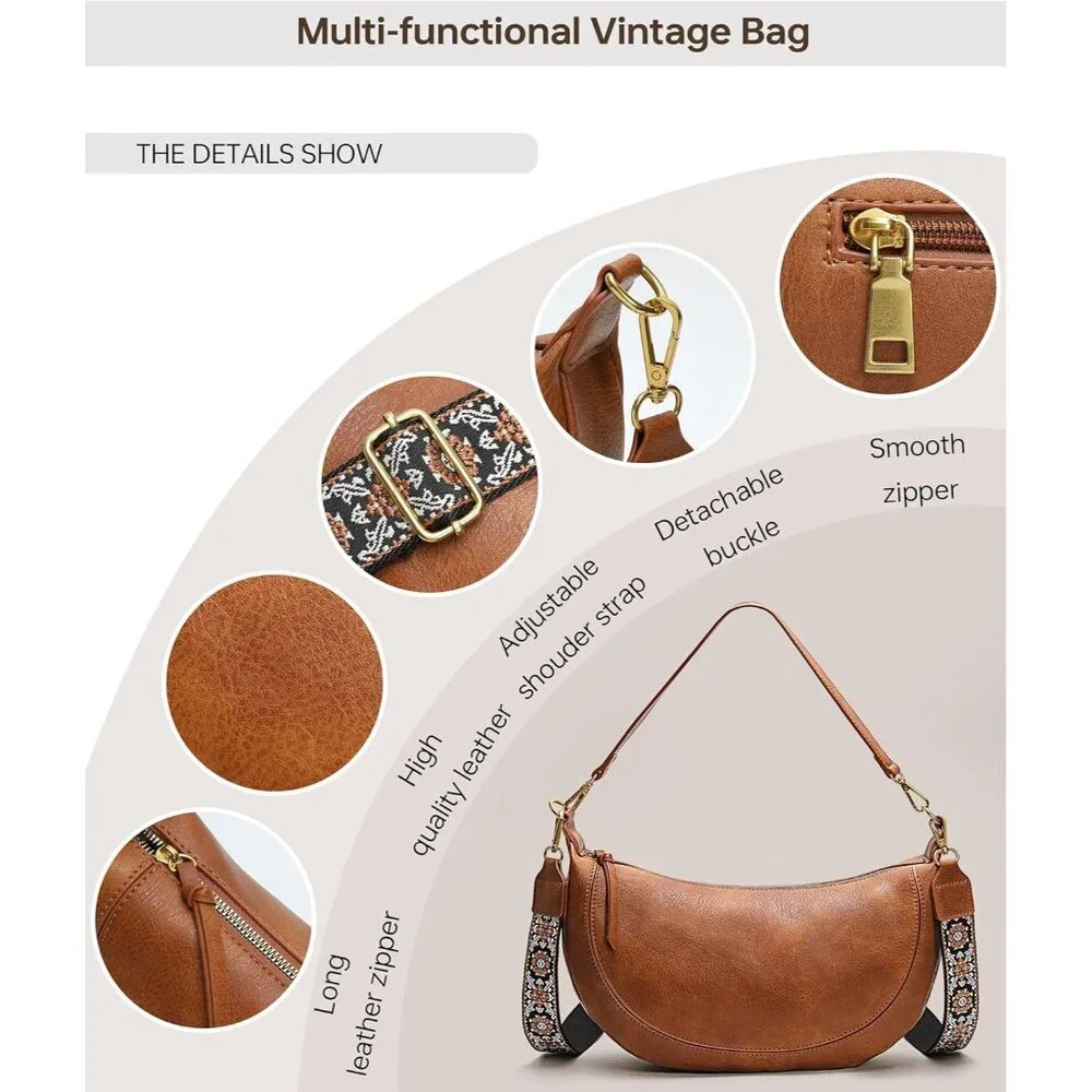 Chic Women’s Crescent Hobo Bag - Spacious Vegan Leather with Zipper Closure
